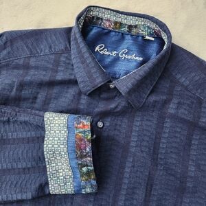 ROBERT GRAHAM Men's Classic Fit Patterned Button Down Dress Shirt Navy Blue 2XL